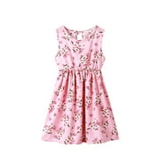 Little Girl Dresses Crew Neck Summer Sleeveless Sundress Casual Beach Floral Prints Party Dress Flowy Beach Dress,Size 4 Years-5 Years